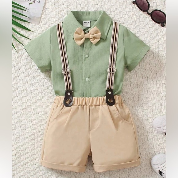 Other - Baby boy bow front shirt and suspender shorts set, 18-24 months, green/tan